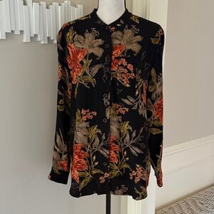 Vintage Carole Little Women's Black Tropical Floral Blouse Button Front Size 8